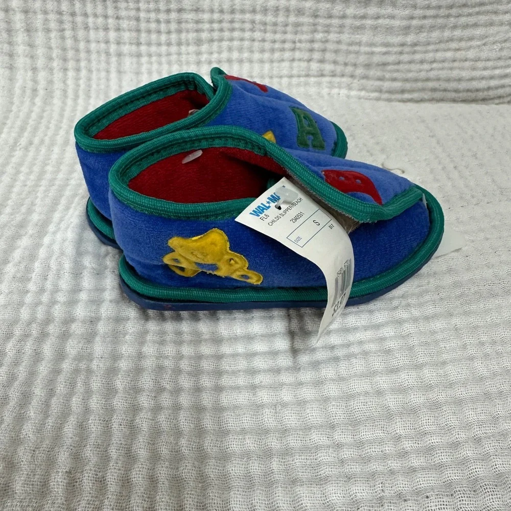 VTG 90s Baby Slippers Shoes Size 5/6 S Blue Children alphabet bear Fabric NWT